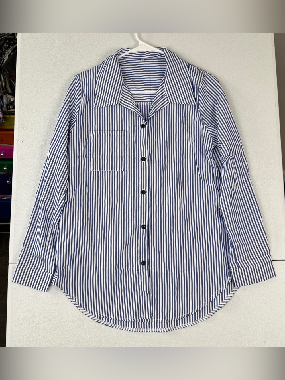 Womens Size S Small Button Down Shirt Blue White Striped Long Sleeve
